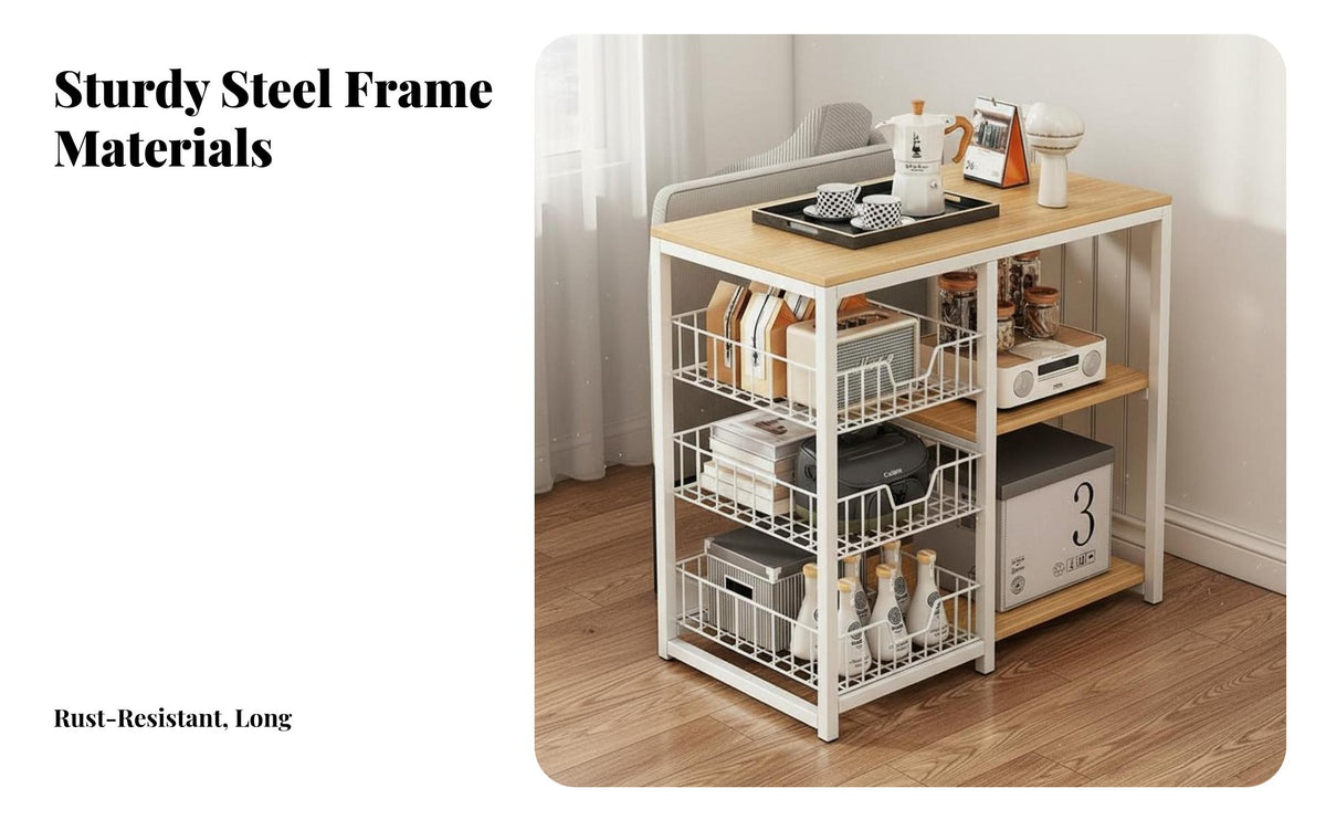 Simple Design Side Table with Storage Baskets Large Capacity End Table with Baskets and Cabinet Exposed Shelving Household Furniture Sturdy Frame for Families, Homeowners, Living Room, Bedroom, Entryway, Home Office