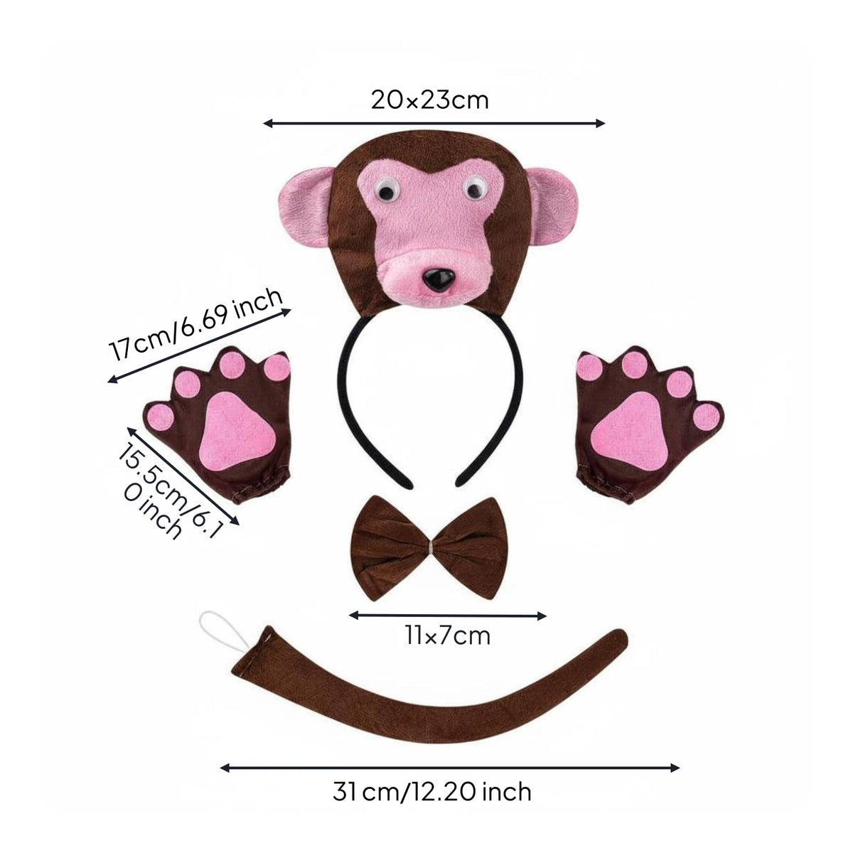 Monkey Costume Accessory Set Brown and Rose Creature Dress-up Kit Soft Material