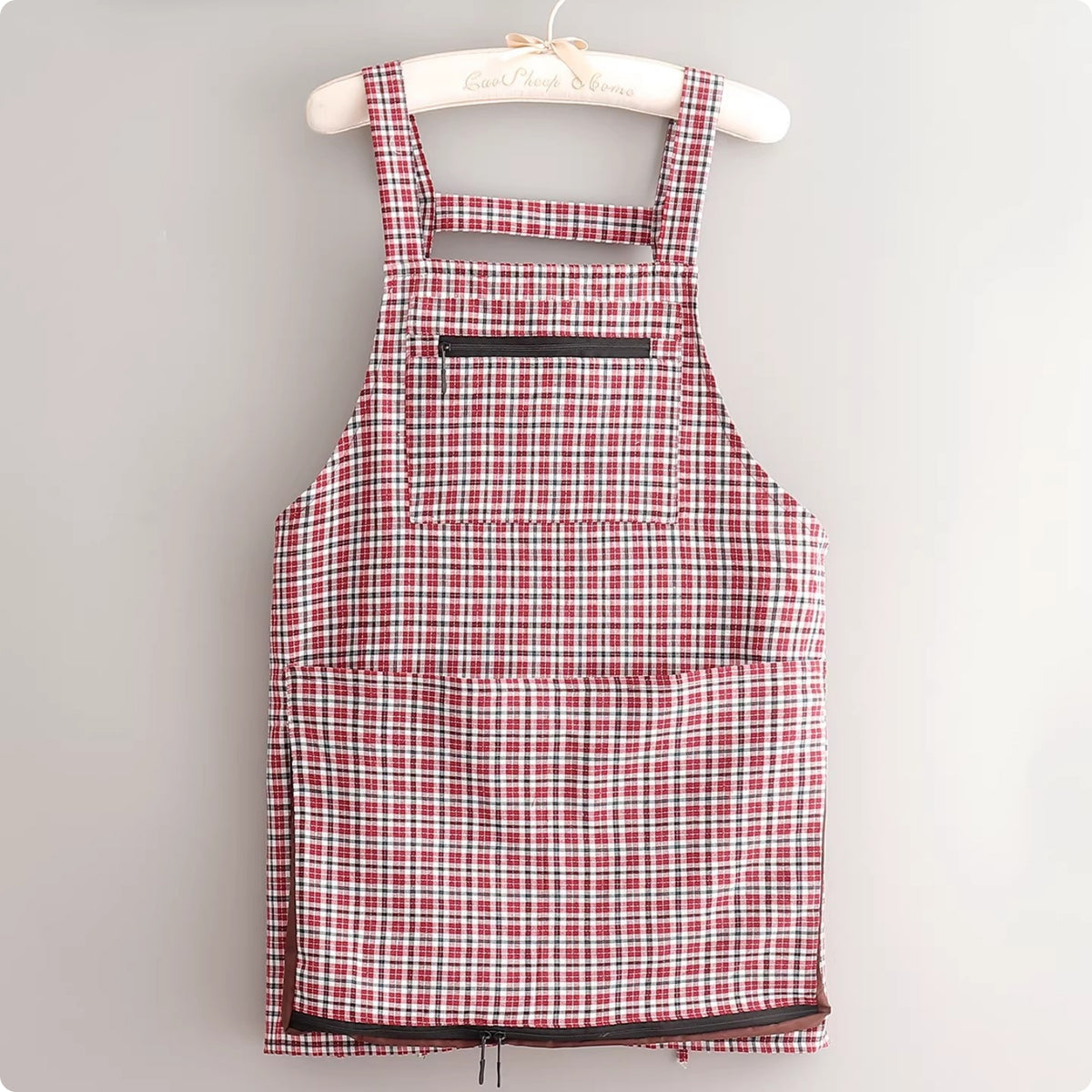 Woven Plaid Bib Apron Wide Shoulder Straps Pocket Apron Side Slit Openings Clothing Protection Workwear Style