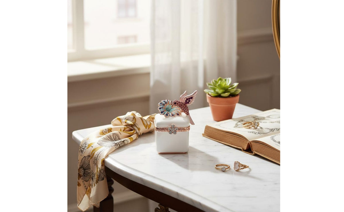 Hinged Lid Miniature Hummingbird Jewelry Holder Vintage Design Jeweled Enamel Keepsake Box Alloy Metal Hummingbird Trinket Box for Dresser, Vanity, Bedroom