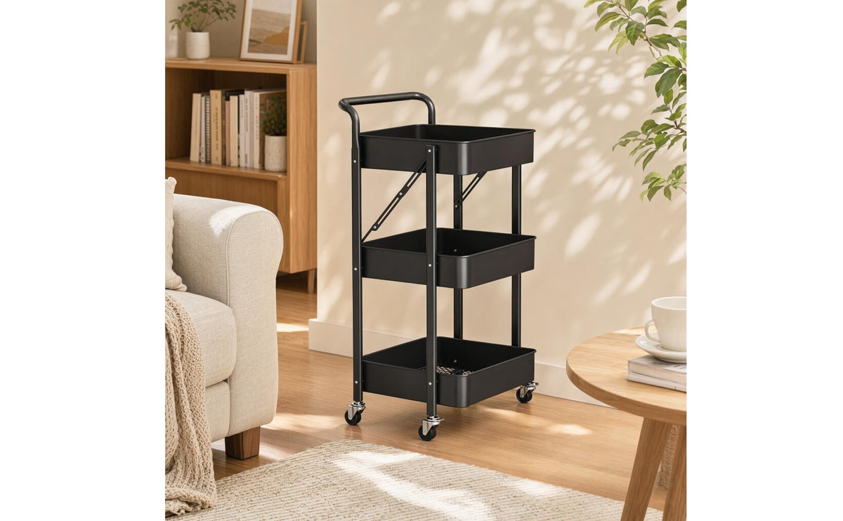 Collapsible 3-Tier Cart Sturdy 3-Tier Rolling Cart Sturdy Storage Organizer Trolley Multi-Purpose for Pantry