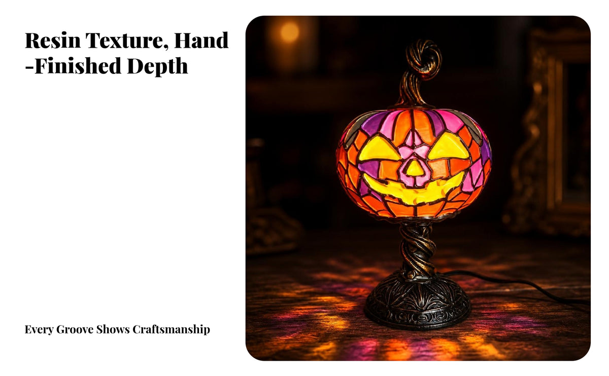 Seasonal Pumpkin Lamp with Paneled Shade | Ornate Dark-Toned Base, corded Power Cord, for Tabletop Display