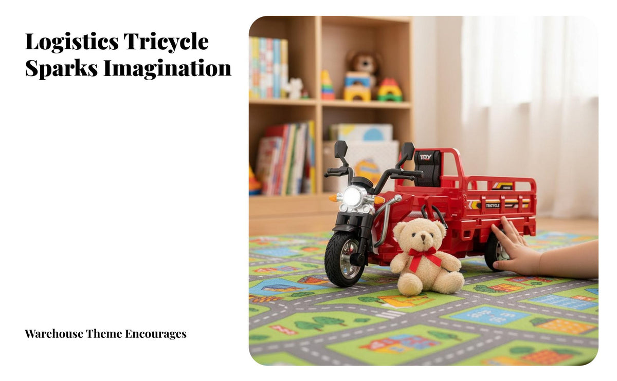 Plays Music Light and Sound Motorcycle Toy Realistic Design Friction Powered Tricycle Movable Cargo Bed for Children, Toddlers