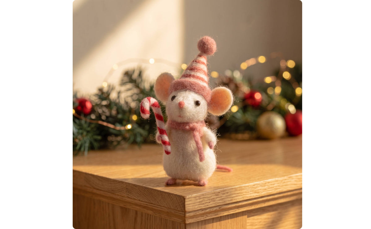Christmas Felt Mouse with Candy Cane Miniature Mouse Ornament with Candy Cane Handmade Figurine Whimsical for Collectors