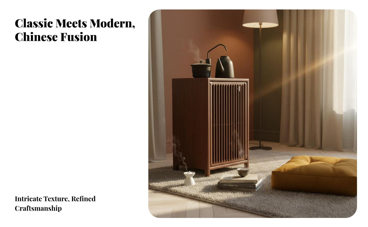 Wooden Tea Cabinet Multi-Layer Storage Elm Wood Water Dispenser Stand Sliding Door Chinese Design Side Cabinet for Homeowners, Adults, Study, Office