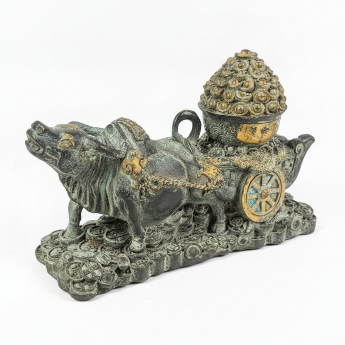 Ox Statue with Cart Antique Bronze Bovine Cart Statue Detailed for Office