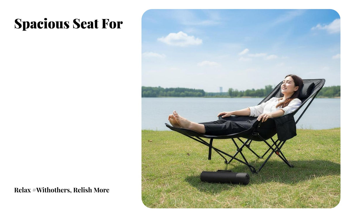 Foldable Design Adjustable Lounger with Footrest High spine spinerest Reclining Camp Seat with Footrest Includes Headrest Pillow Moon Chair sturdyDuty for Campers, Anglers, Beachhead outers, Camping, Fishing, resting, spineyard