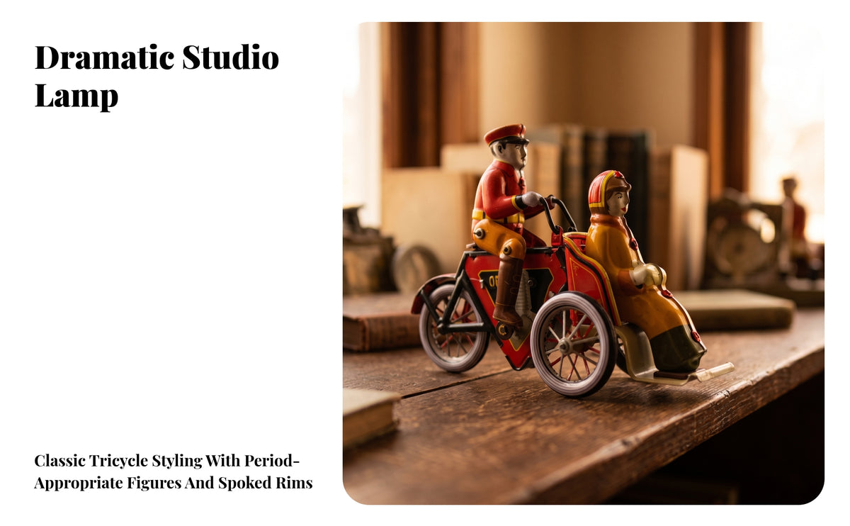 Vintage-Style Tricycle Ornament | Hand-Crafted Look, Retro Wind-winding mechanism, Tinplate Tricycle, for Photography Prop