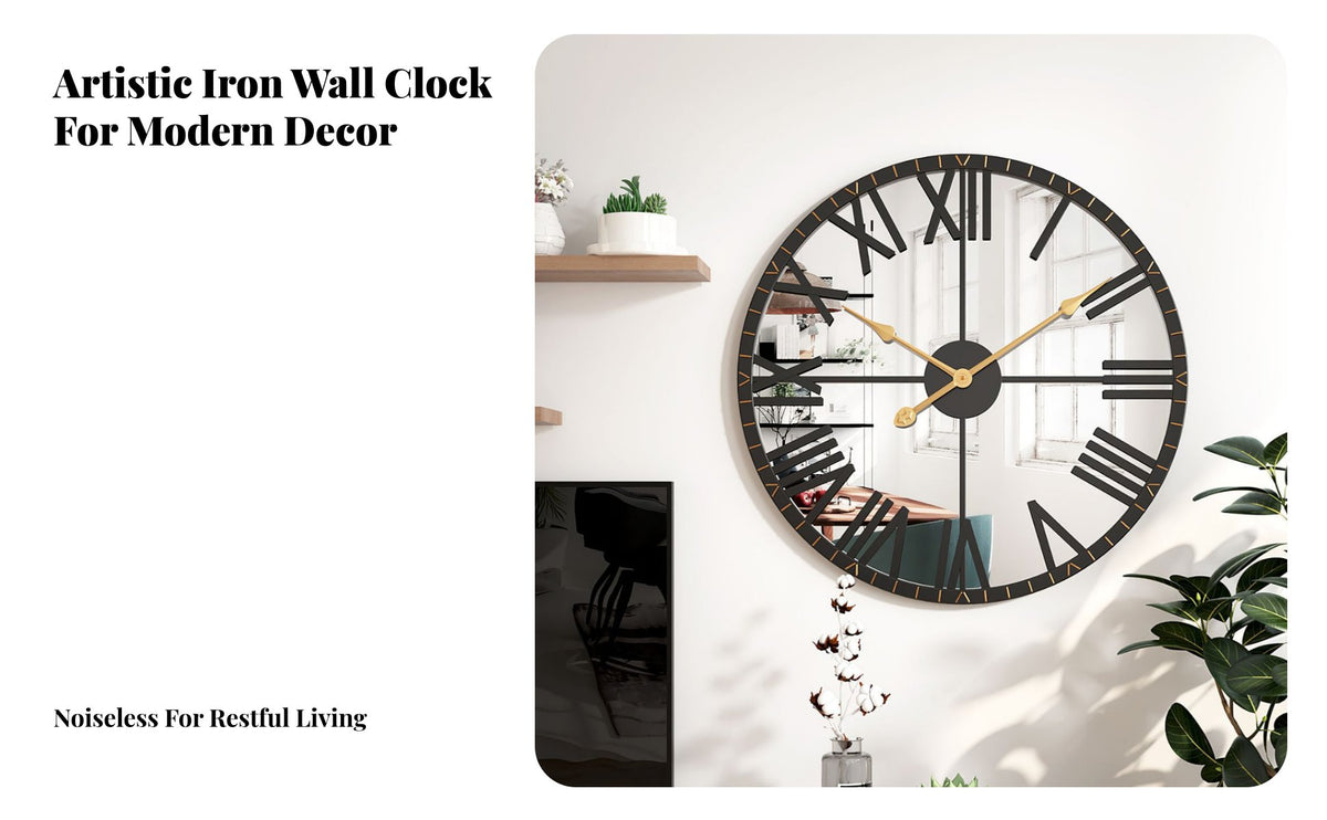 Round Iron Wall Clock European Design Large Mirrored Wall Clock Non Sound Ing House Decoration for Homeowners, Decorators, Living Room, Bedroom
