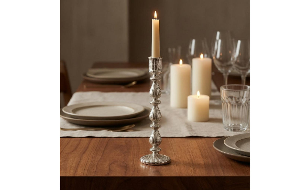 Ribbed Glass Candlestick Fluted Taper Glass Candle Holder Lustrous Finish Taper Candle Holder Tall Stem
