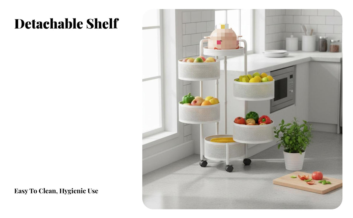 Multitier Design Rotating Corner Produce Basket Space-Saving 5-Tier Rotating Basket Cart Sturdy framework Organizer Rack Easy Assembly for Home Cooks, Apartment Dwellers, Homeowners, Kitchen, Narrow Spaces, Pantry, Bathroom