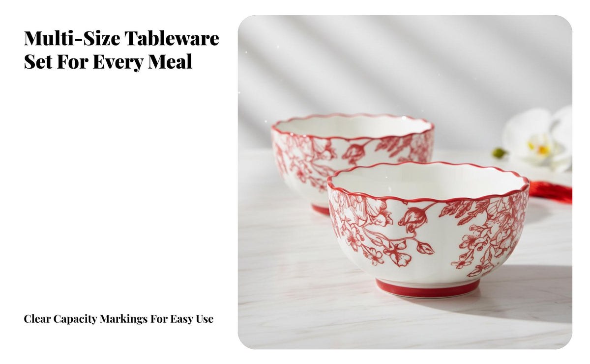 Chinese Style Dinnerware Set, Red Ceramic Bowls Plates Chopsticks, Wedding Gift, Festive Tableware