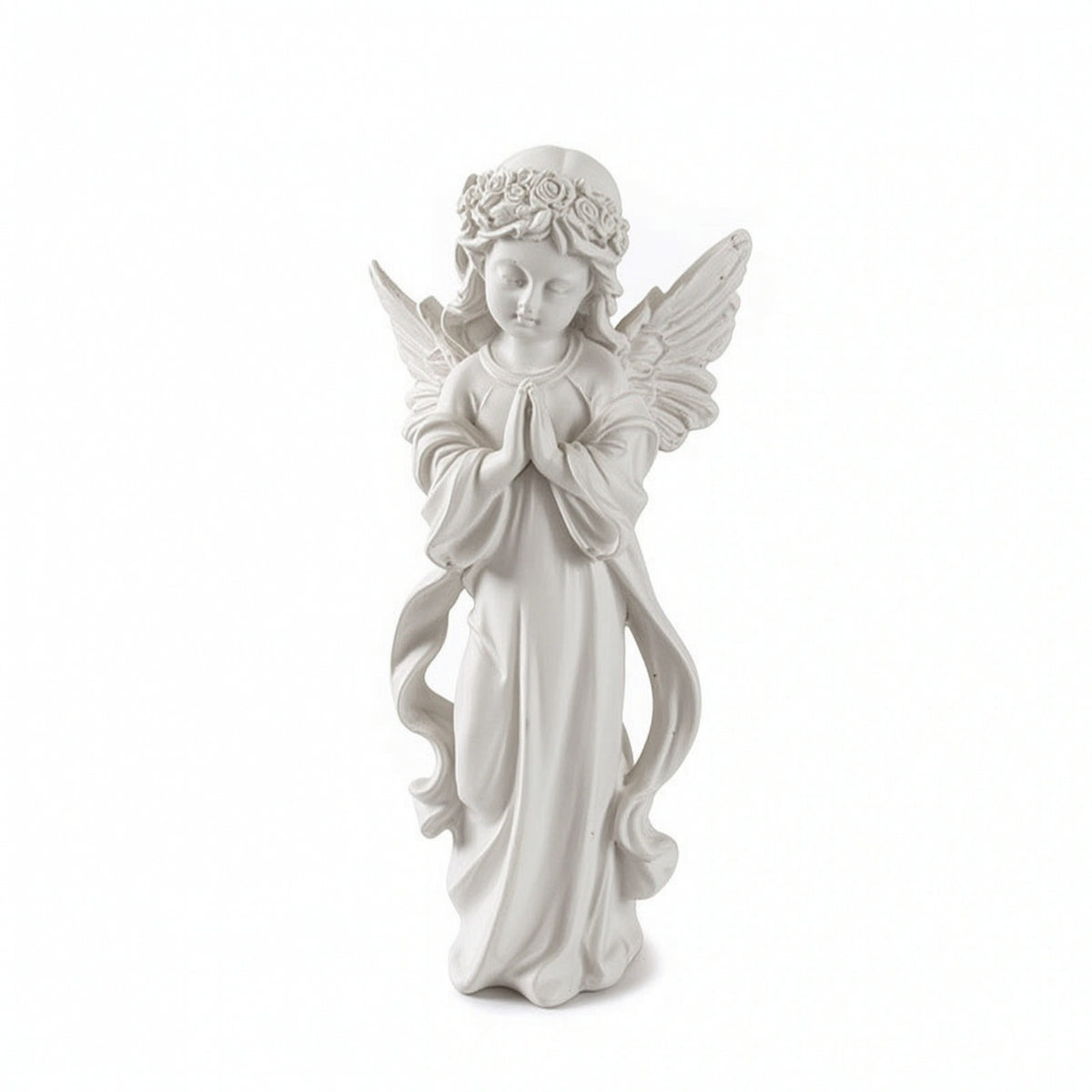 Angel Figurine with Flower Crown Tabletop Standing Angel Statue Figurine with Wings Desktop Sculpture White for Desk, Shelf
