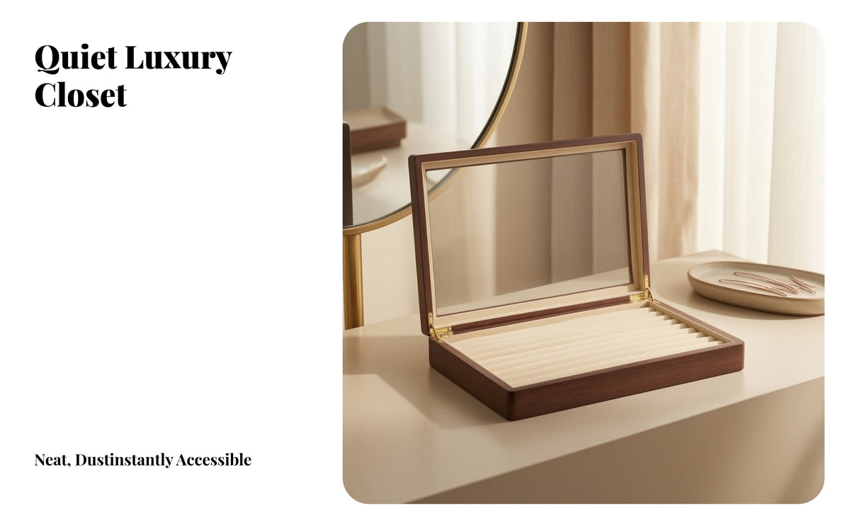 Jewelry Storage Tray with Glass Lid | Dark Wood Exterior, Gold-Tone Metal Hinges, for Dresser