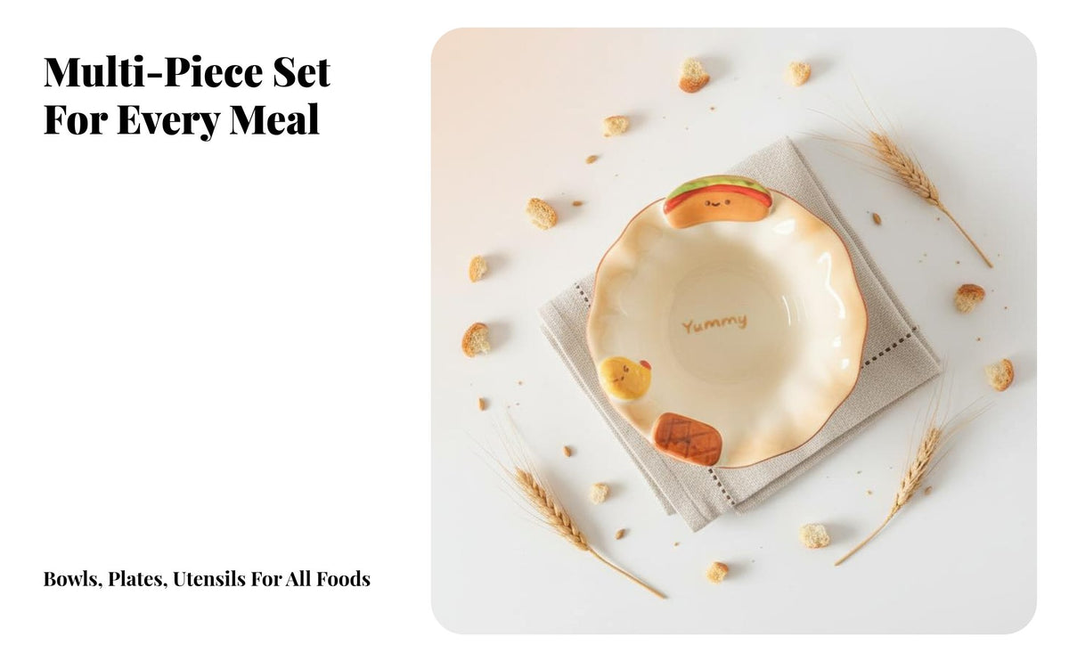Ceramic Dinnerware Set, Cute Bread Cartoon Bowl, Plate, Spoon, Dessert Tableware for Home