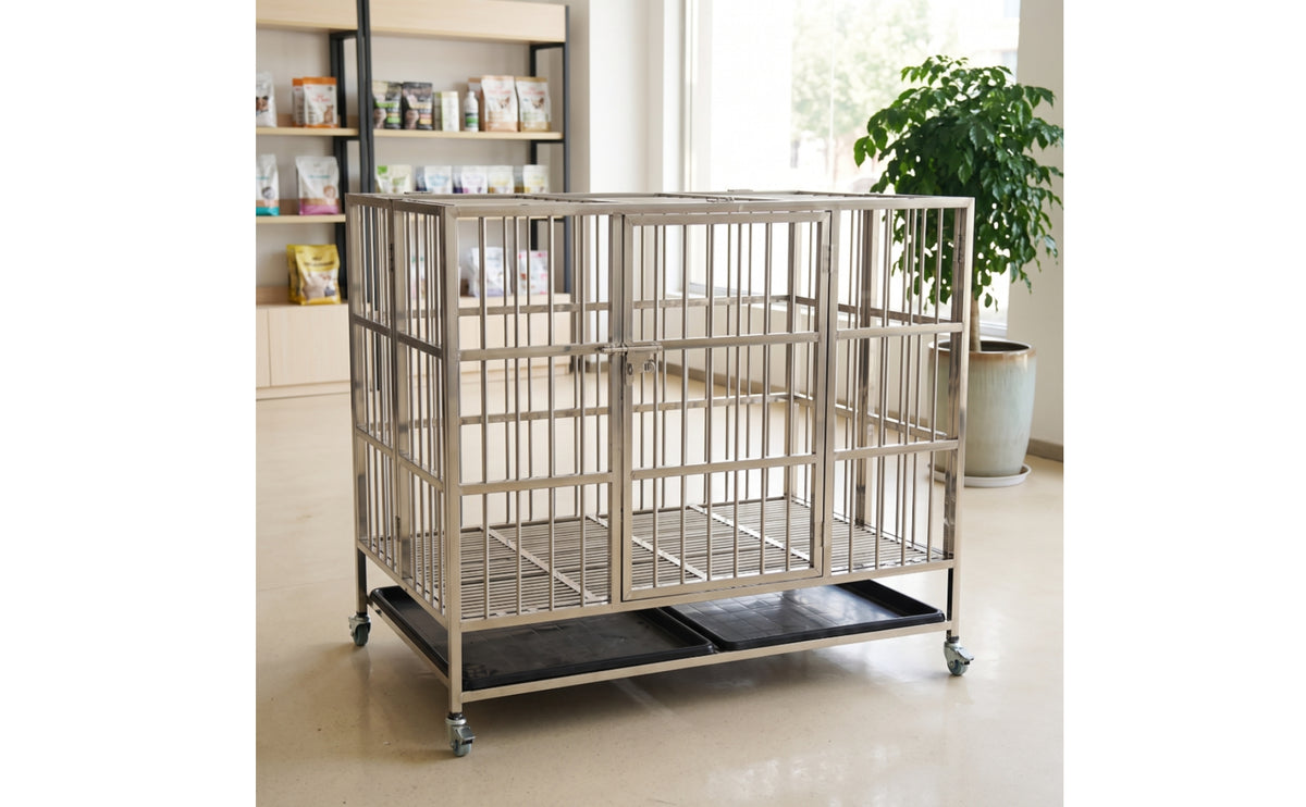 Stainless Steel Dog Crate with Wheels Heavy-Duty Dog Crate with Removable Tray Escape-Proof Indestructible for Dogs, Grooming Salon