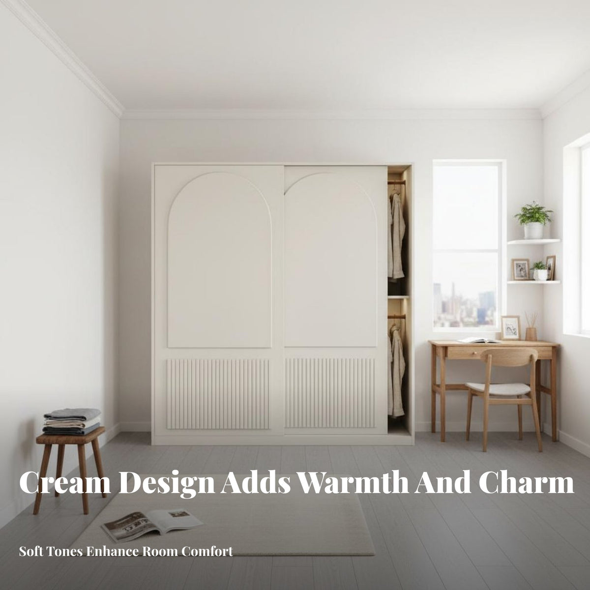 Sliding Door Wardrobe Sturdy Construction Freestanding Wardrobe Closet Easy to Clean Cream Design Closet for Homeowners, Families, Dorm Room, Home