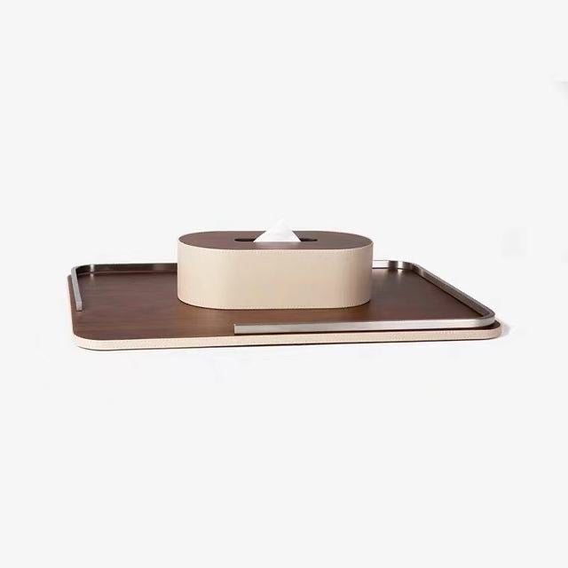 Modern New Chinese Style Wooden Leather Tray