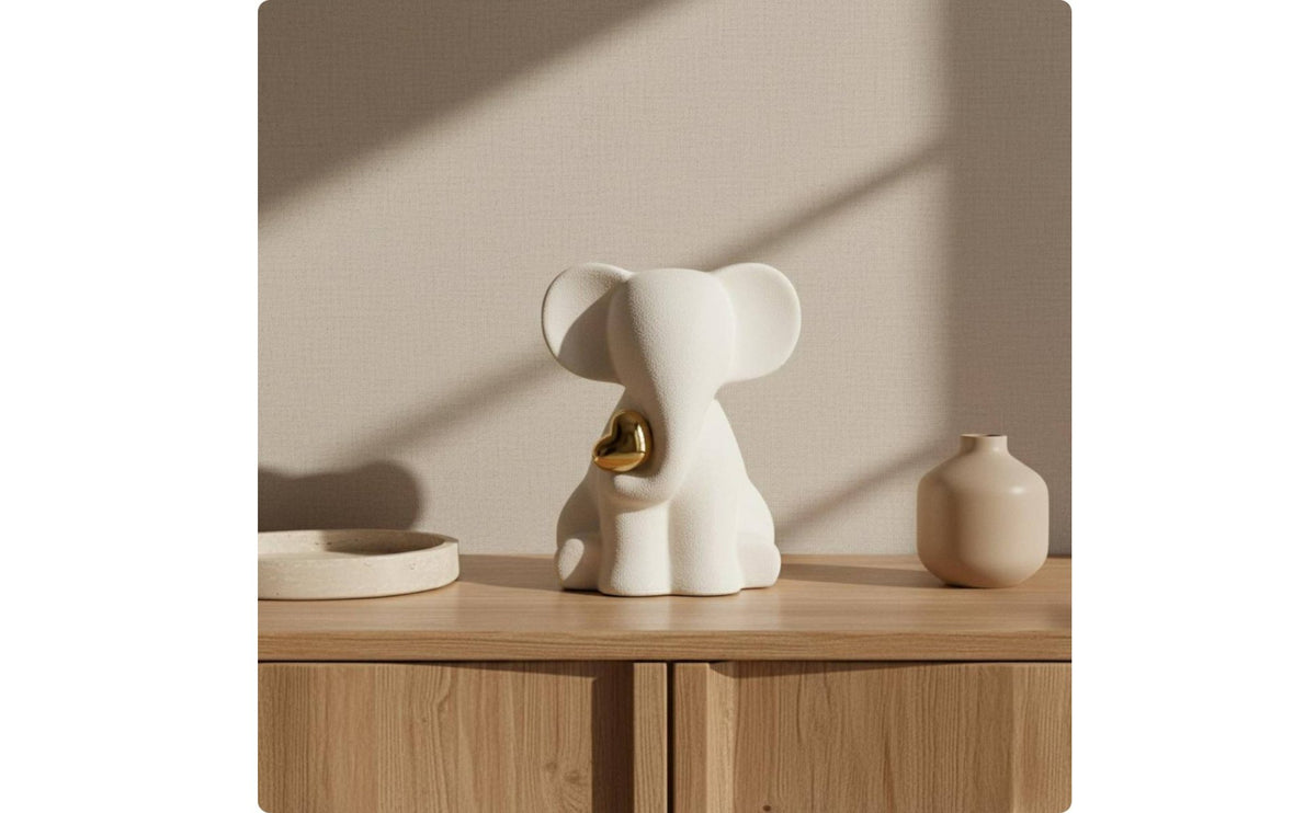 White Elephant Sculpture with Gold Heart for Living Room, Office Desk