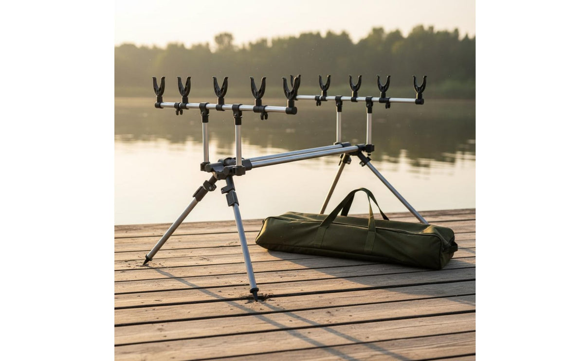 Carp Fishing Rod Stand Adjustable Height Multi-Rod Bank Fishing Stand Aluminum Alloy Construction Foldable Design for Lakeside
