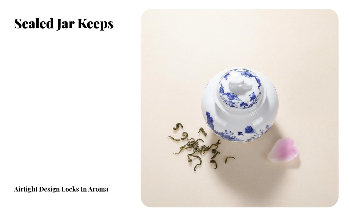 Airtight Seal Chinese Floral Tea Jar Decorative Blue and White Porcelain Jar Housewarming Gift Chinese Design Tea Container for Home Decorators, Collectors, Homeowners, Shelf Display, Tabletop, Kitchen, Living Room