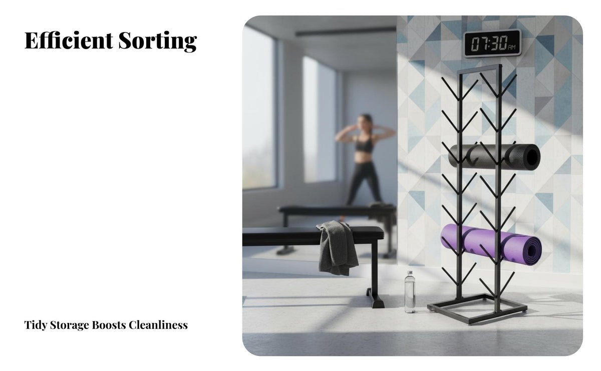 Large Capacity Exercise Mat Storage Rack Space-Saving Exercise Studio Mat Rack Sturdy Metal Frame Floor Standing Foam Roller Stand Long-Lasting Construction for Fitness Enthusiasts, Yogis, Home Gym