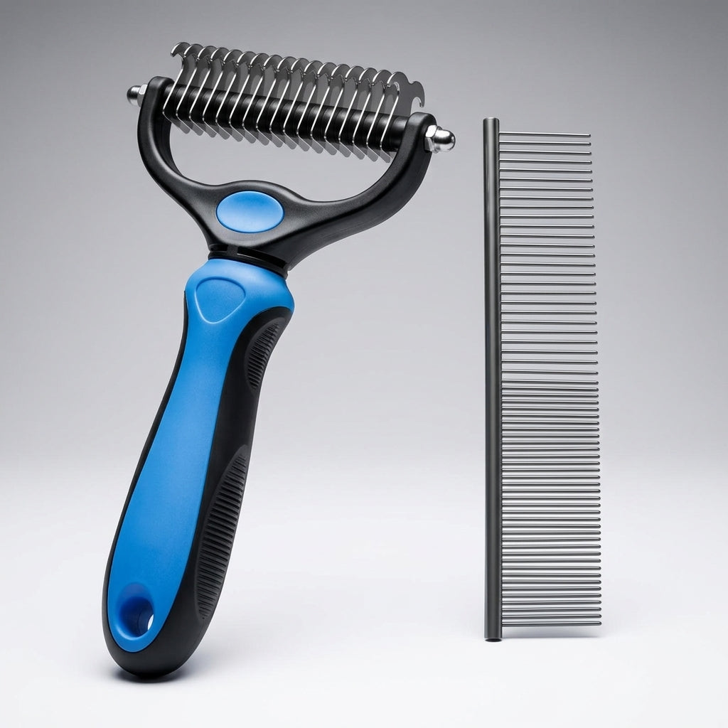 Cat Brush and Dog Brush for Long Hair, Stainless Steel Detangling Comb for Knots and Mats, Self Cleaning Steel Pet Tool for Small Dogs, 2 Piece