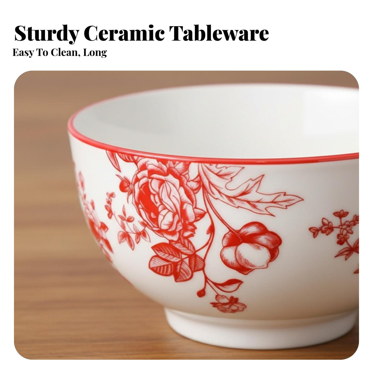 Ceramic Rice Bowl, Chinese Floral Design, Red Underglaze, Festive Tableware, Gift