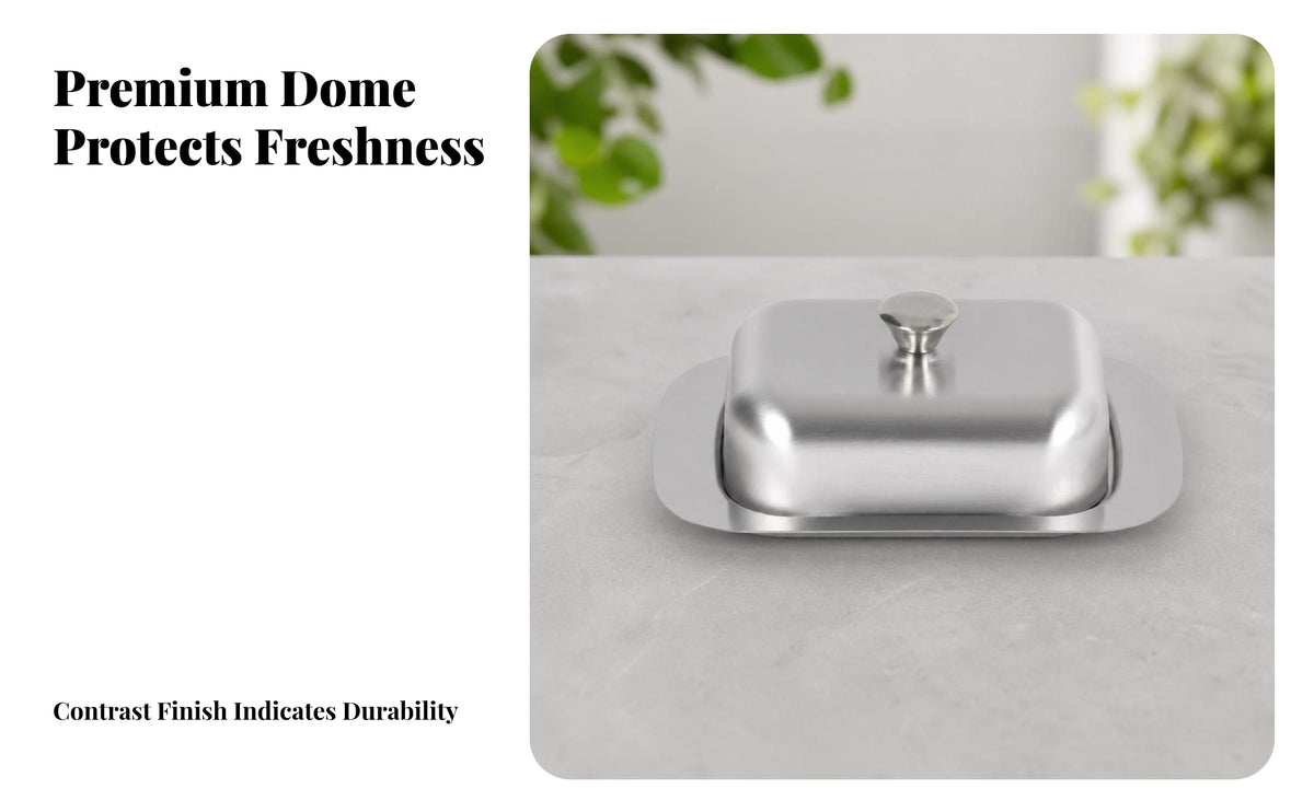 Stainless Metal Butter Dish with Lid | Smooth Silver-Toned Finish, Butter Keeper with Tray, for Kitchen Counter