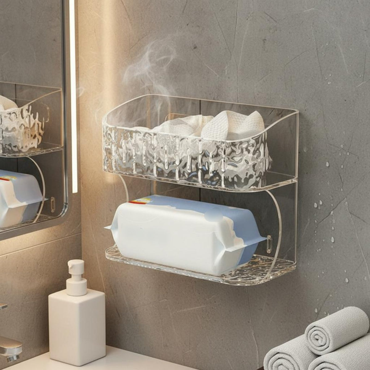 Wall-Mounted Bathroom Storage Shelf, Doubletier Organizer for Washbasin, Tissue, Cosmetics