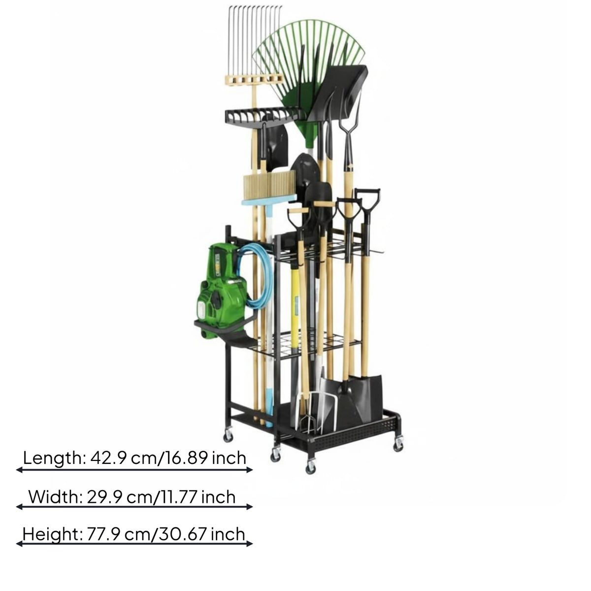 Wheeled Tool Rack Black Garden Storage Universal Multi-Shelf for Garage