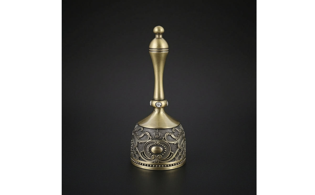 Metal Hand Bell with Handle Ornate Embossed Metal Bell Handheld Decorative for Tea Service, Meditation