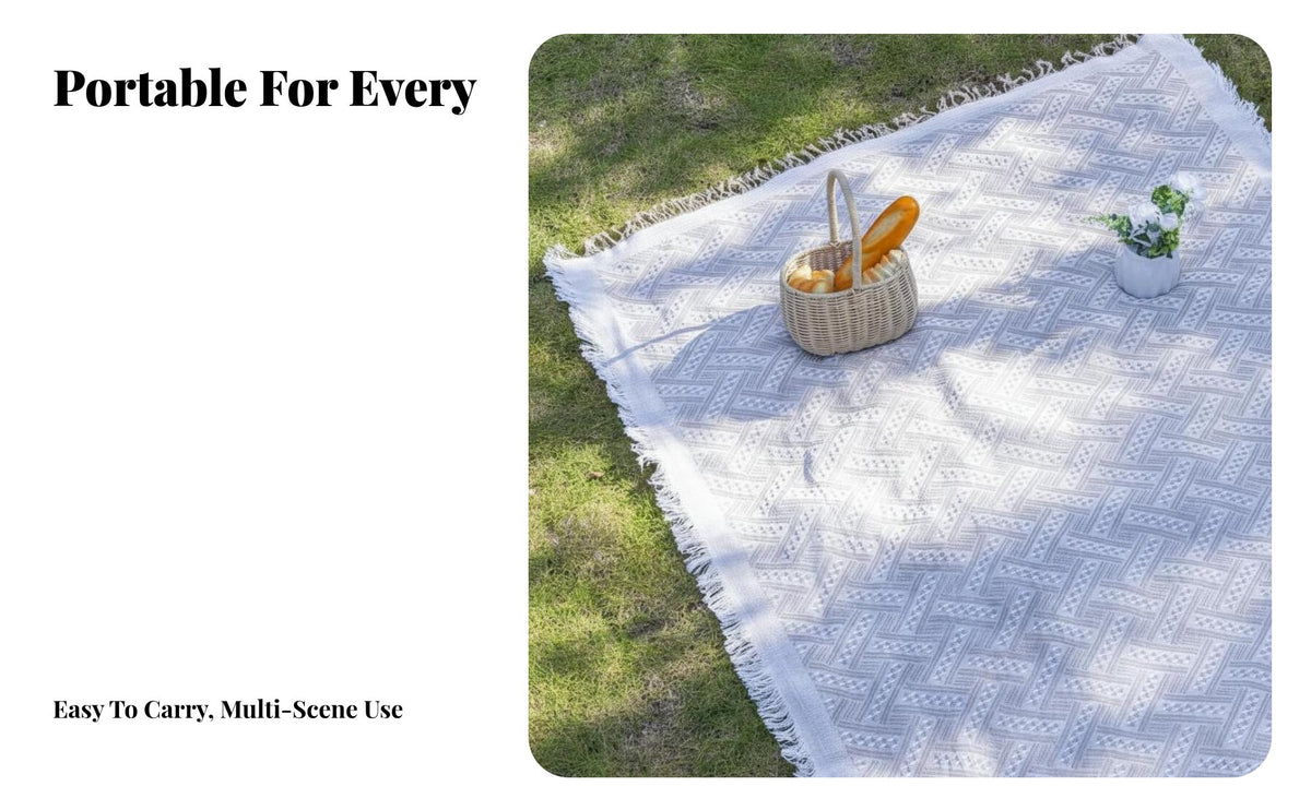Portable Fringed Recreational Blanket Moisture-Proof Tasseled Geometric Throw Dirt-Resistant Picnic Mat Thickened for Families, Couples, Picnics, Camping, Backyard, Beach