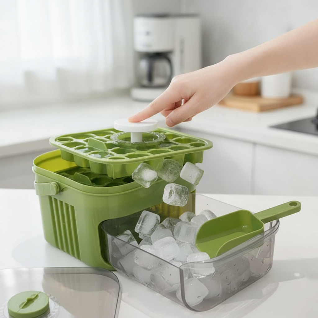 Press-Type Ice Cube Tray with Storage Box and Scoop, Food-Grade Silicone Ice Maker Mold for Home Refrigerator, Square Ice Cubes