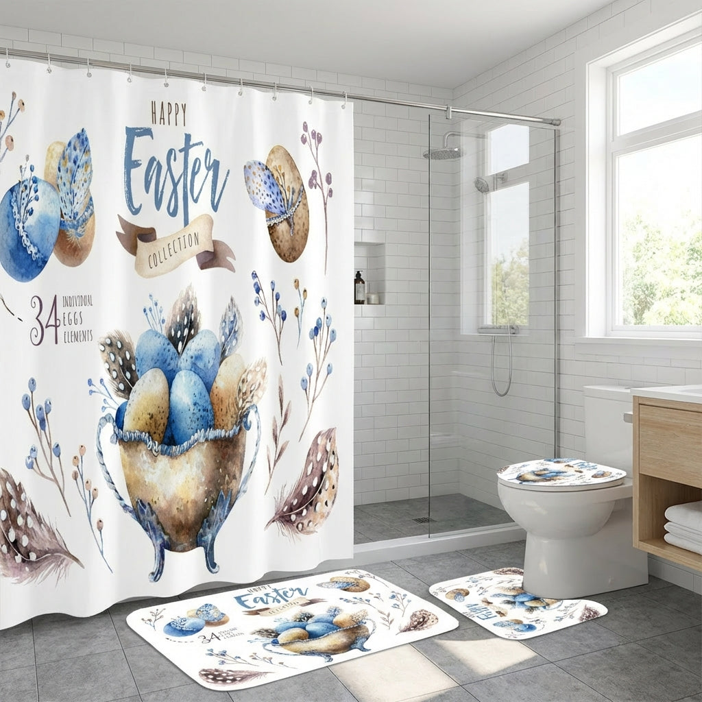 4Pcs Easter Washroom Decor Set Crisp Digital Printing Easter Shower Curtain Rug Set Waterproof for Families, Homeowners, Home Decoration