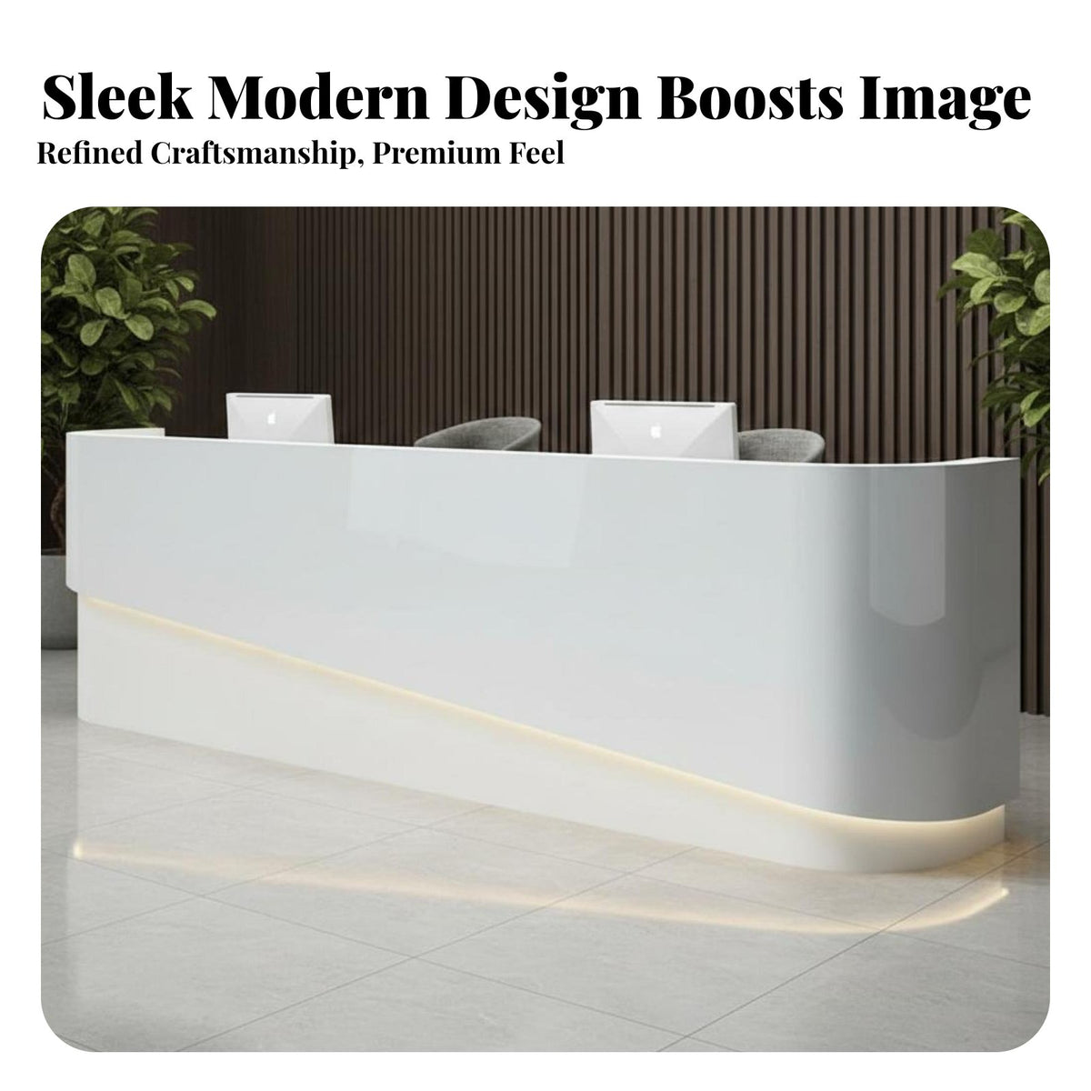 Curved Reception Desk Ambient Lighting Glossy Cashier Counter Easy to Clean Modern Front Counter for Receptionists, Business Owners, Retail Store