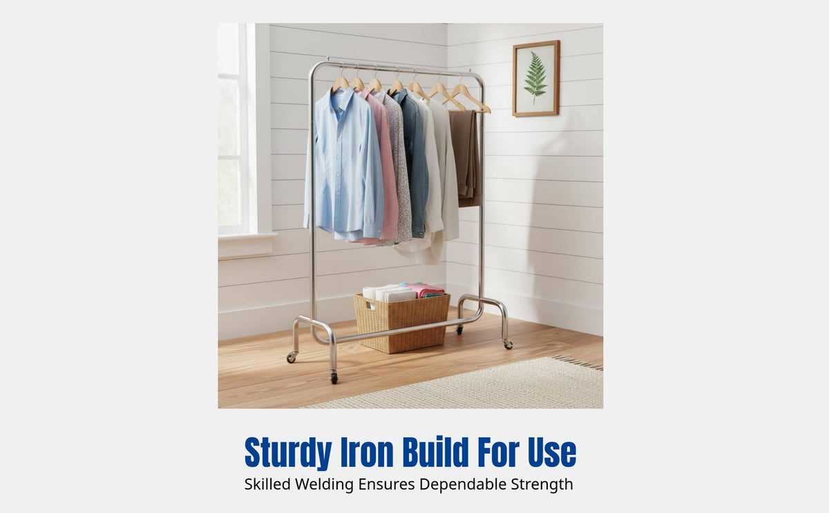 Portable Folding Clothes Rack with Wheels, Metal Single Bar Display Stand, Adjustable Height for Showroom, Retail, Home