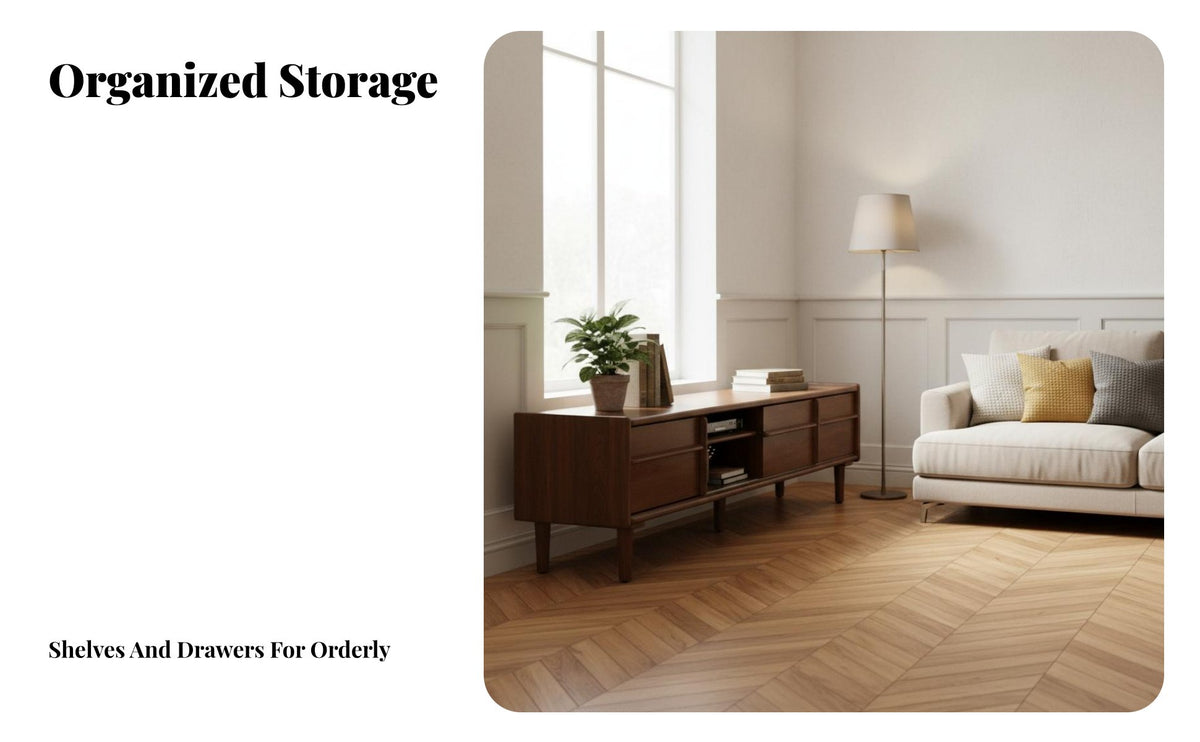 TV Stand with Storage Sturdy Construction Wooden Entertainment Center Tapered Legs Mid-Period Contemporary Television Cabinet for Homeowners