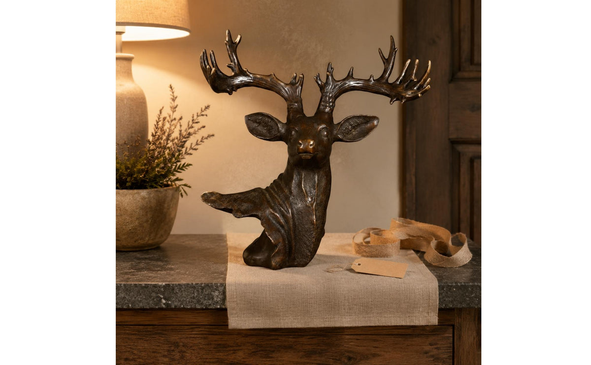 Deer Head Sculpture Antique Finish Copper Deer Figurine Gift Idea Table Ornament