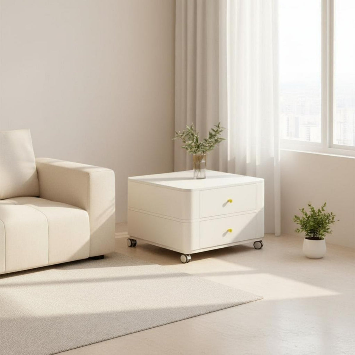 Movable with casters Wheeled Twotier Square Table Modern Minimalist Design 2-Tier Square Table Creamy off-white Finish Household Furniture Space-Saving for Apartment Dwellers, Homeowners, Students, Living Room, Lounge Area, Bedroom, Entryway