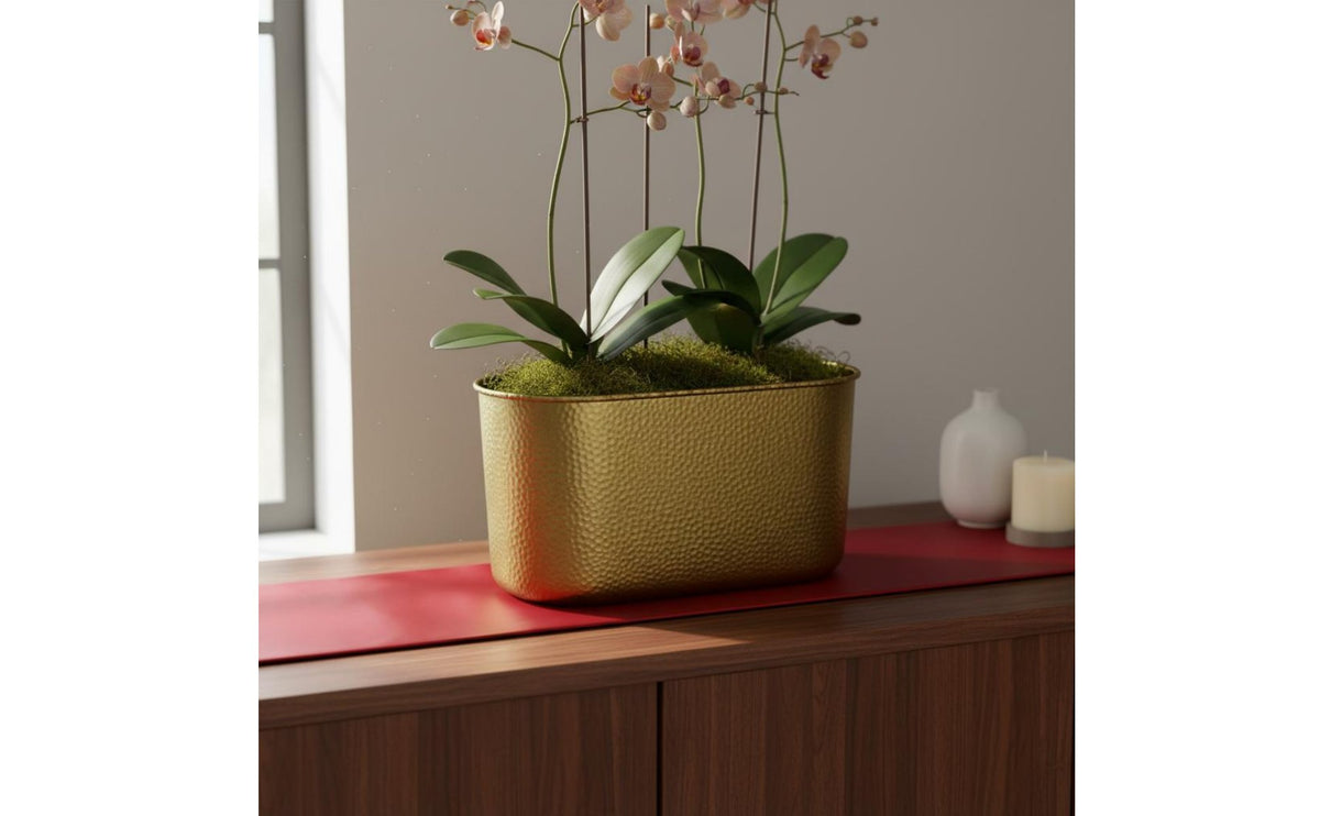 Modern Minimalist Rectangular Metal Flower Pot Luxury Feel Hammered Metal Planter Multi-Purpose Oblong Decorative Vase for Florists, Home Decorators, Living Room, Tabletop, Wedding, Office