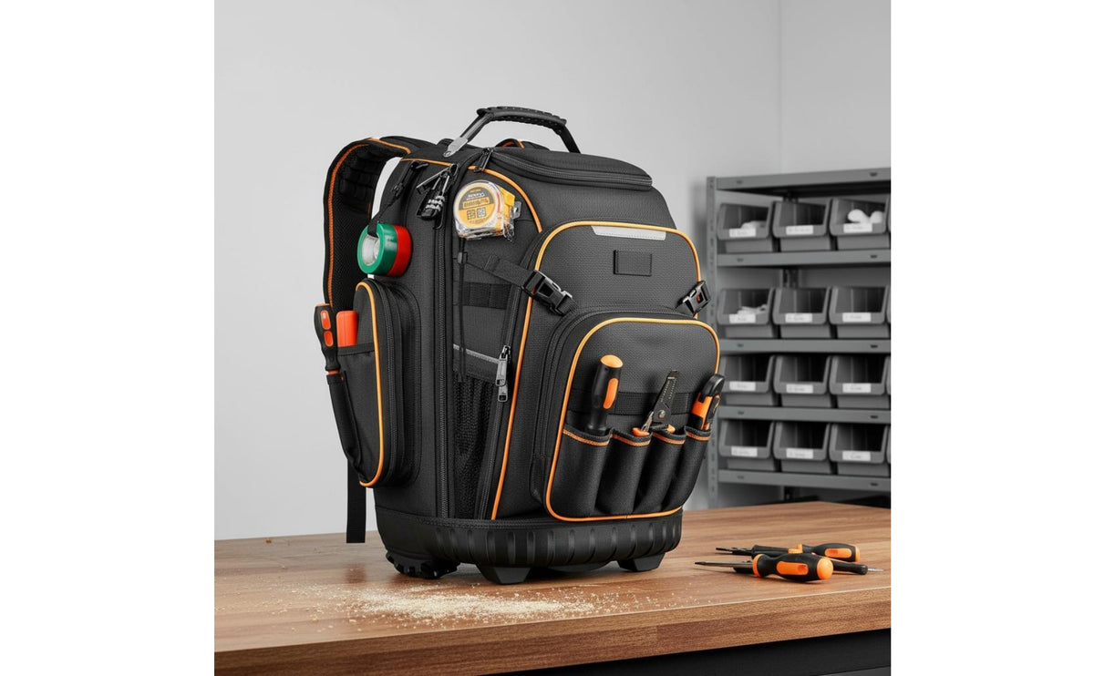 Telescoping Handle Rolling Tool Backpack Zippered Compartments Wheeled Tool Backpack Padded Carry Section Work Gear Storage Structured Base