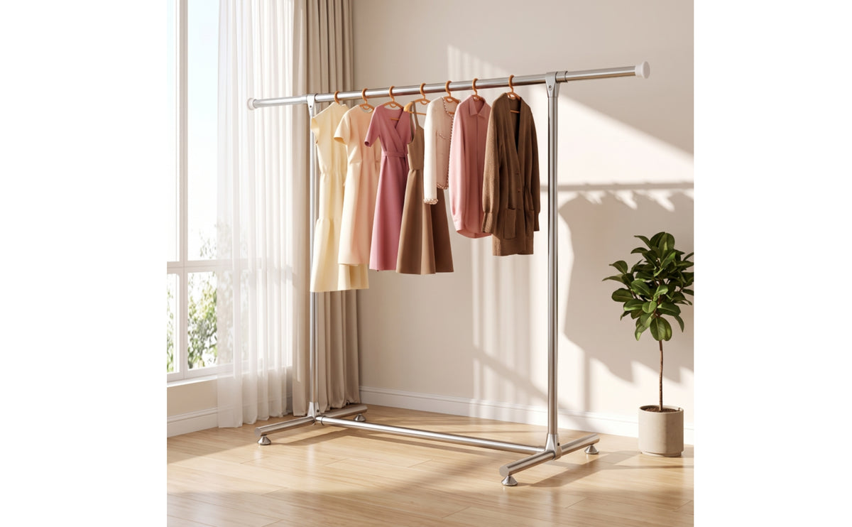 Stainless Steel Clothes Rack with Single Metal Floor Standing Clothes Rack Freestanding Clothing Organizer Space Saving for Bedroom, Laundry Room
