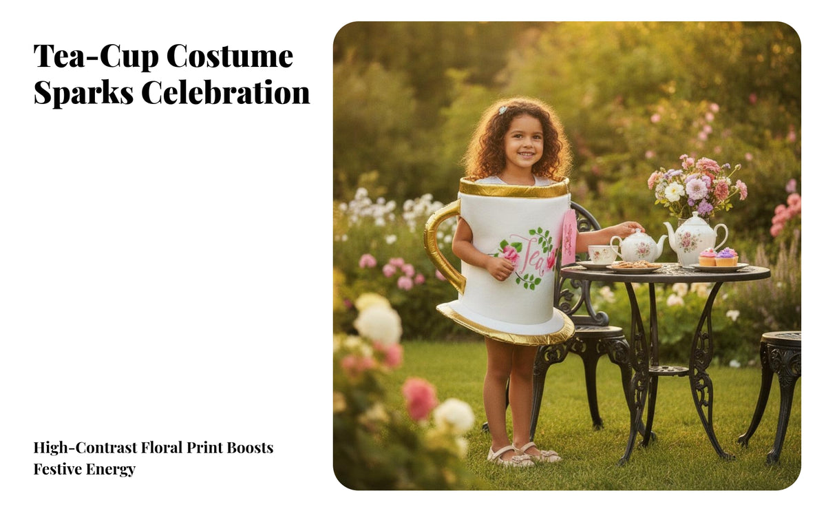Gold-Trimmed Teacup Costume | Floral Tea-Themed Print, Costume with plate bottom, for Halloween