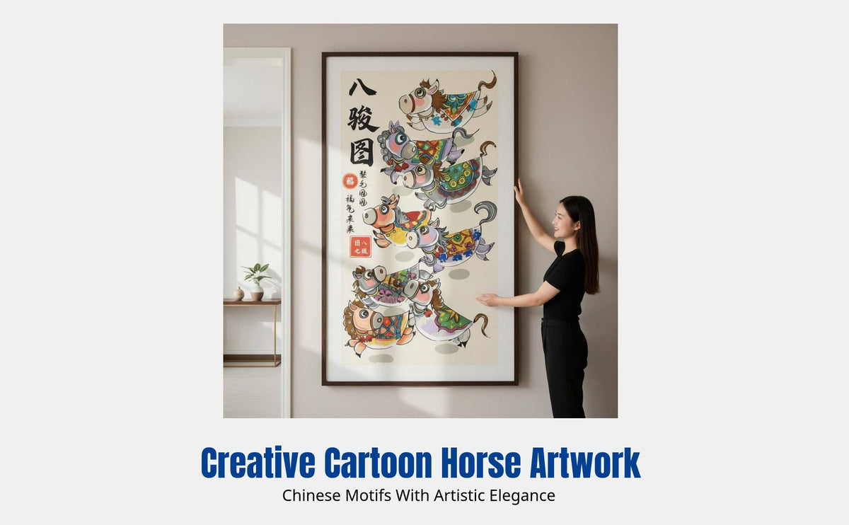 Eight Steeds Decorative Painting, Modern Chinese Cartoon Wall Art, Aluminum Frame for Living Room, Hallway, Study