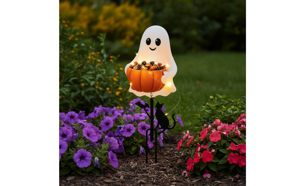 Specter Decoration with Pumpkin Bucket Light-up Halloween Garden Stakes Lighted Specter Stake for Pathway
