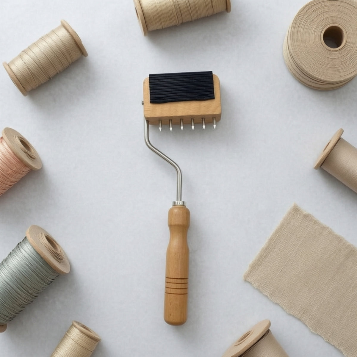 Curved-Shaft Tape Comb with Wooden Handle Ribbed Tape Comb Straighten Hand Tool Compact for Weavers, Artisans, Weaving, Loom Work, Workbench