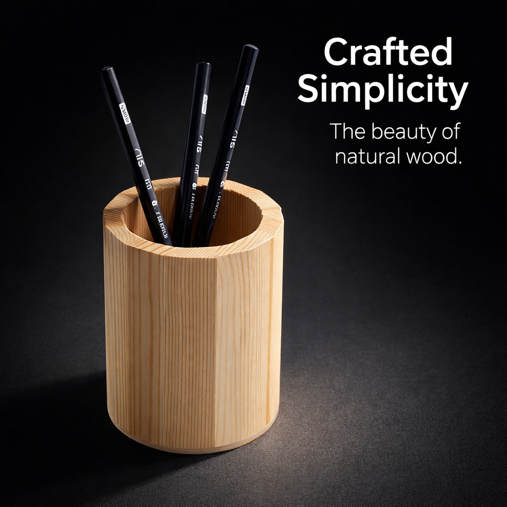 Desk Organizer for Office Home, Pencil Holder for Wooden Stationery Carved Pine Wood Square Pen Storage, Polished Finish