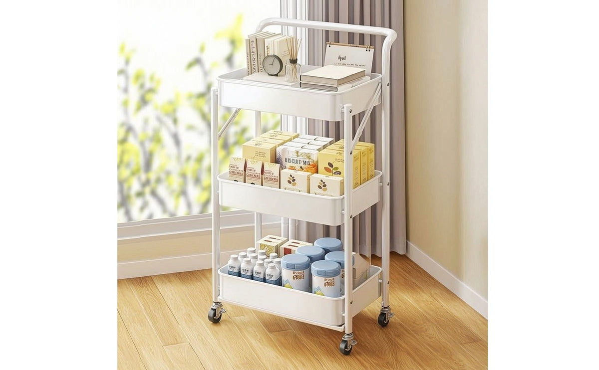 Space-Saving 3-Tier Rolling Cart Freestanding Foldable Storage Cart Collapsible Portable for Teachers, Kitchen