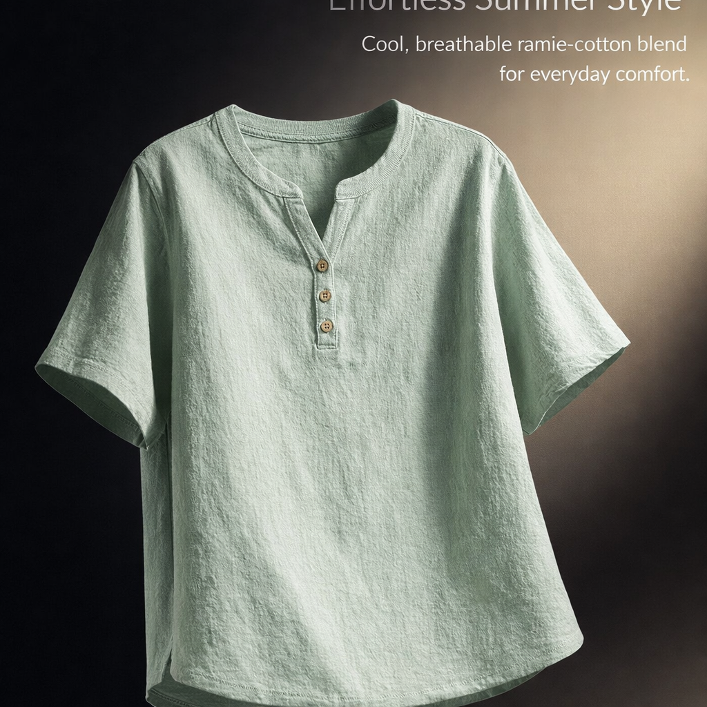 Boho Tops for Women with V Neck and Button Detail, Ramie Blend T-Shirts with 70-80% for Breathable Comfort, Vintage Short Sleeve Work